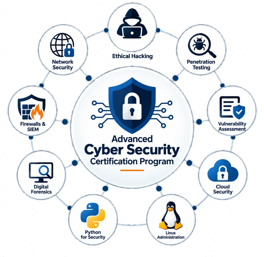 Advanced Cyber Security Certification Program skill map — ethical hacking, penetration testing, vulnerability assessment, cloud security, digital forensics, Python for security, Linux administration, firewalls and SIEM, network security